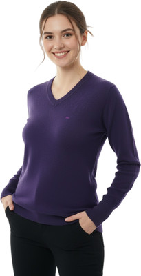 ARYANS Solid V Neck Casual Women Purple Sweater