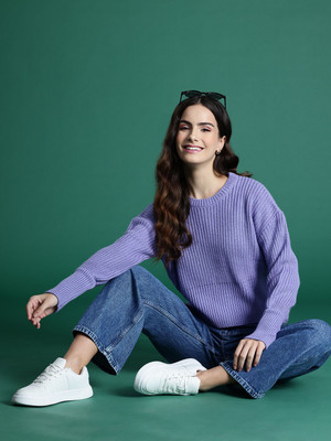 Dressberry Woven Round Neck Casual Women Purple Sweater