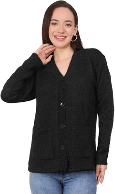 manra Solid V Neck Casual Women Black Sweater