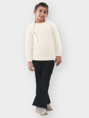 Knitco Solid Round Neck Casual Boys & Girls White Sweater