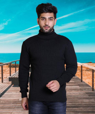 jorden4u Solid, Self Design Turtle Neck Casual Men Black Sweater