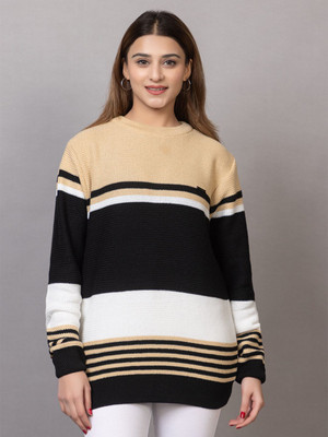 Hey Dude Striped Round Neck Casual Women Beige Sweater