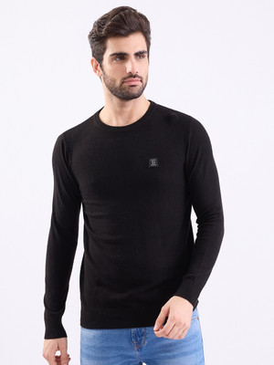 Spykar Solid Round Neck Casual Men Black Sweater