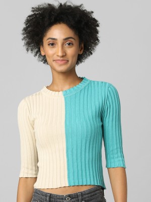 ONLY Woven Round Neck Casual Women Blue, White Sweater