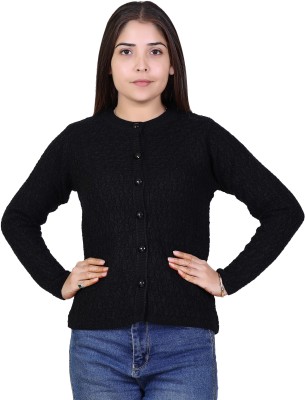 Ogarti Self Design Round Neck Casual Women Black Sweater