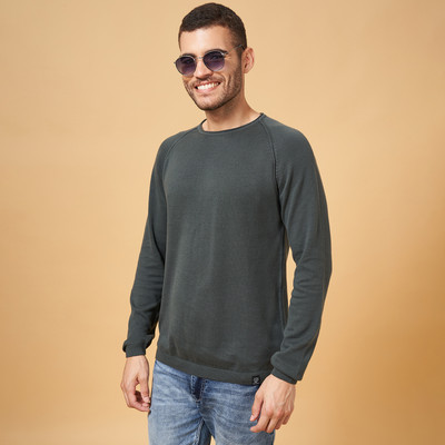 PEOPLE Self Design Round Neck Casual Men Green Sweater