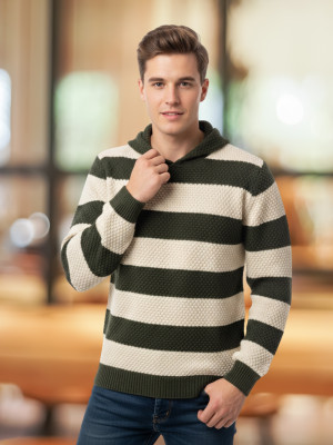 Looks United Striped Hooded Neck Casual Men Dark Green Sweater