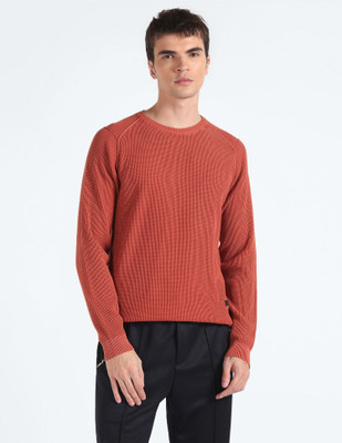 FLYING MACHINE Self Design Round Neck Casual Men Red Sweater