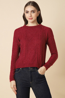 Allen Solly Self Design Round Neck Casual Women Maroon Sweater