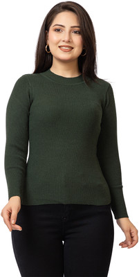 Lasoon Solid Round Neck Casual Women Green Sweater