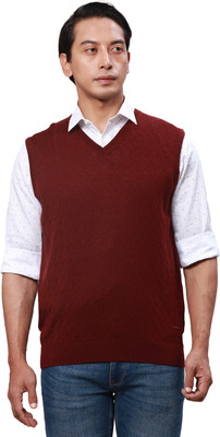 PARK AVENUE Solid V Neck Casual Men Red Sweater
