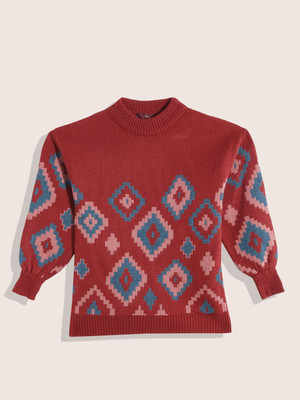 Sangria Self Design Round Neck Casual Girls Red Sweater