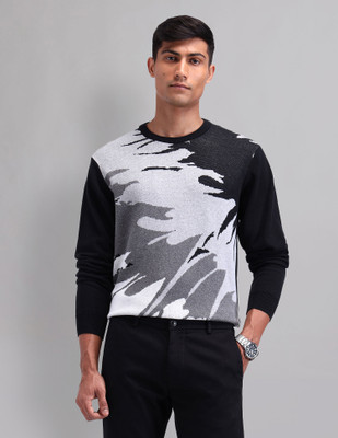 AD by Arvind Self Design Round Neck Casual Men Black Sweater