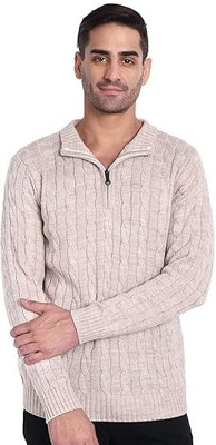 Clubble Self Design Collared Neck Casual Men Beige Sweater