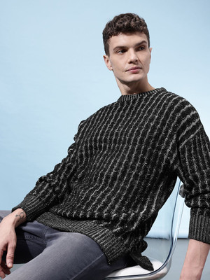 Glitchez Striped Collared Neck Casual Men Black Sweater