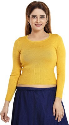 Cinco Solid Round Neck Casual Women Yellow Sweater