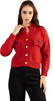 GFO Printed Round Neck Casual Women Red Sweater