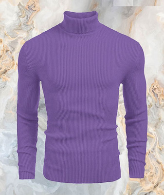Cat Bunny Solid High Neck Casual Men Purple Sweater
