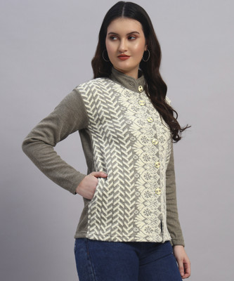 MOD YOUNG Printed Mandarin Neck Casual Women Dark Green Sweater