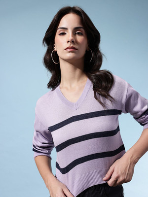 Glitchez Striped V Neck Casual Women Purple Sweater