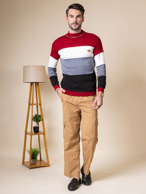 Wearlusso Colorblock Round Neck Casual Men Red Sweater