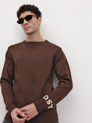 Roadster Solid Round Neck Casual Men Brown Sweater