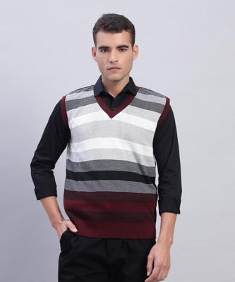 MORKEL Striped V Neck Casual Men Maroon Sweater