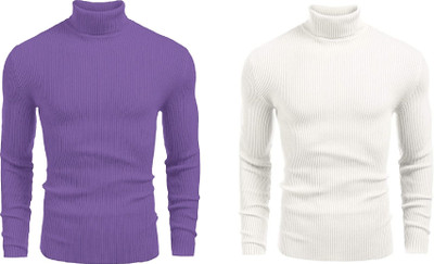 FREAKS Solid High Neck Casual Men Purple, White Sweater
