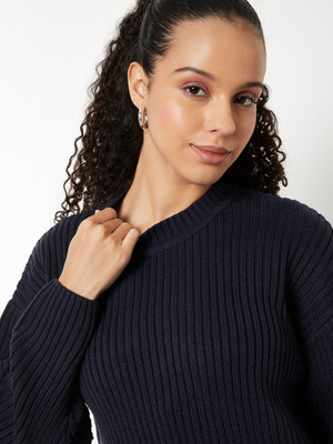 MAX Striped Round Neck Casual Women Blue Sweater