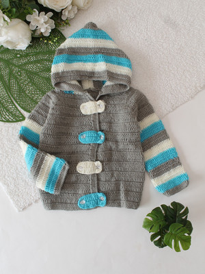 Woonie Self Design Hooded Neck Casual Baby Boys & Baby Girls Grey Sweater