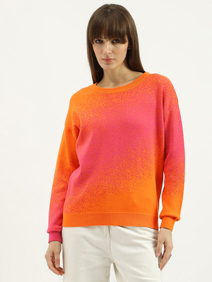 United Colors of Benetton Self Design Round Neck Casual Women Orange Sweater