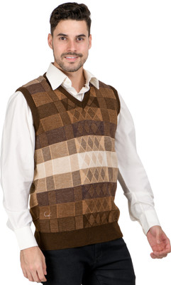 NICO WESLEY Printed V Neck Casual Men Brown Sweater