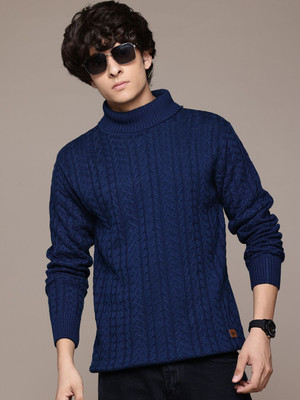 Roadster Self Design Turtle Neck Casual Men Blue Sweater