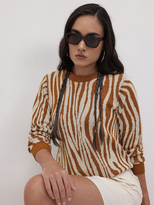 Roadster Printed Round Neck Casual Women White Sweater