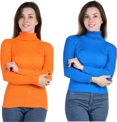 INDICRAFTS Solid Turtle Neck Casual Women Blue, Orange Sweater