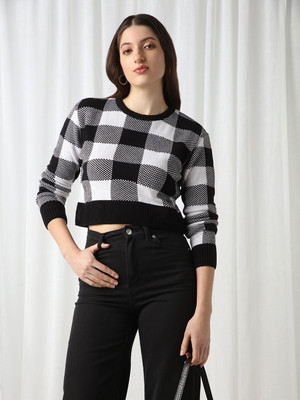 Globus Checkered Round Neck Casual Women Black, White Sweater