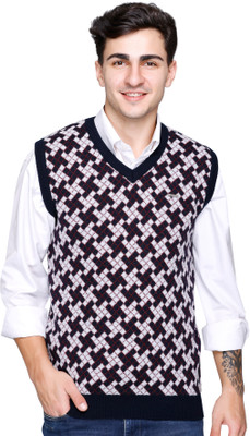 GODFREY Printed V Neck Casual Men Dark Blue Sweater