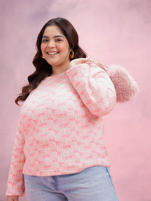 DressBerry Curve Self Design Round Neck Casual Women Pink Sweater