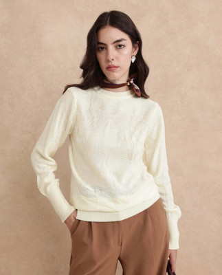 RAREISM Printed Crew Neck Casual Women White Sweater