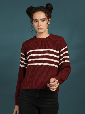 CHKOKKO Striped, Self Design Round Neck Casual Women Maroon Sweater