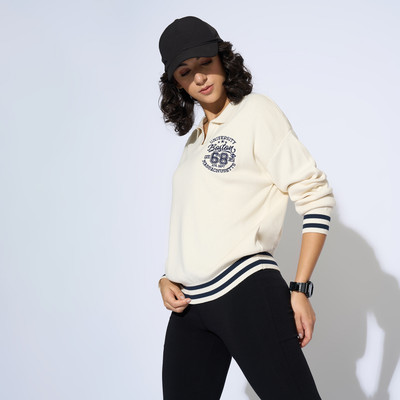 Ajile By Pantaloons Printed, Solid Collared Neck Casual Women White Sweater