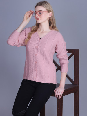 7 ISLANDS Self Design V Neck Casual Women Pink Sweater