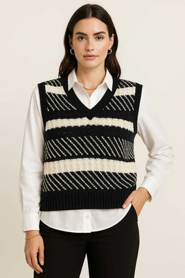 Flora fab by rashmi Self Design V Neck Formal Women Black, White Sweater