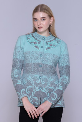 FASHSTORE Floral Print Mandarin Neck Casual Women Green Sweater
