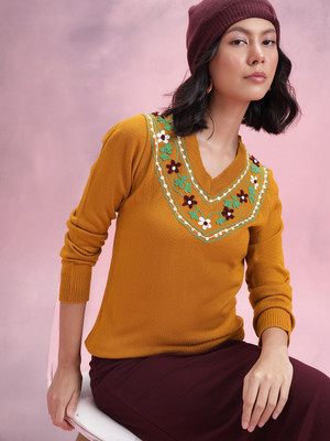 Dressberry Solid V Neck Casual Women Yellow Sweater