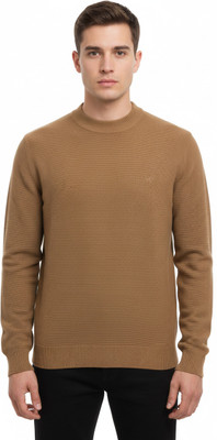VOMAZO Printed Round Neck Casual Men Brown Sweater
