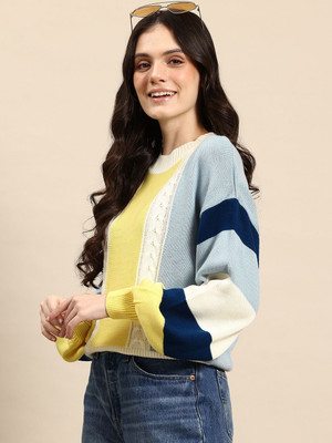 Mast & Harbour Colorblock Round Neck Casual Women Blue Sweater