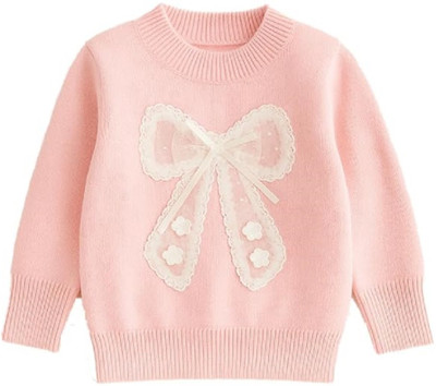 Bold N Elegant Solid, Self Design Round Neck Casual Girls Pink Sweater