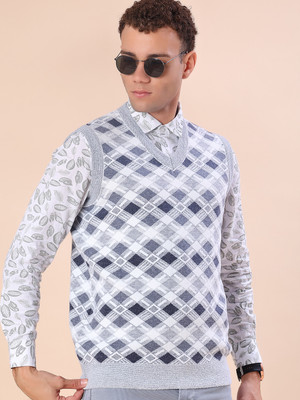 V-MART Self Design V Neck Casual Men Grey, White Sweater