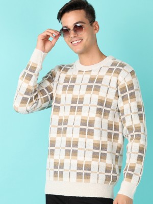 V-MART Printed Round Neck Casual Men Beige Sweater